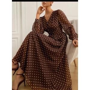 Aveloria Brown & Ivory Polka Dot Chiffon Layered Maxi Dress. Size L. Work